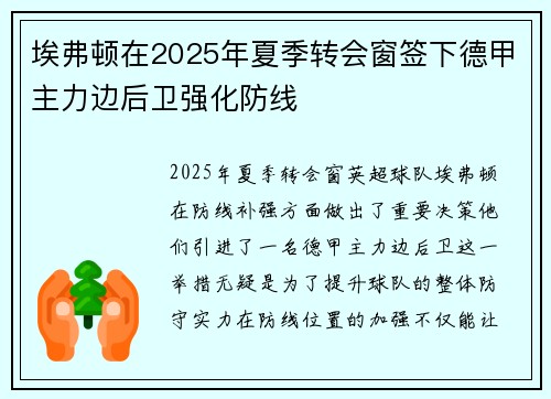 埃弗顿在2025年夏季转会窗签下德甲主力边后卫强化防线