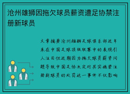 沧州雄狮因拖欠球员薪资遭足协禁注册新球员
