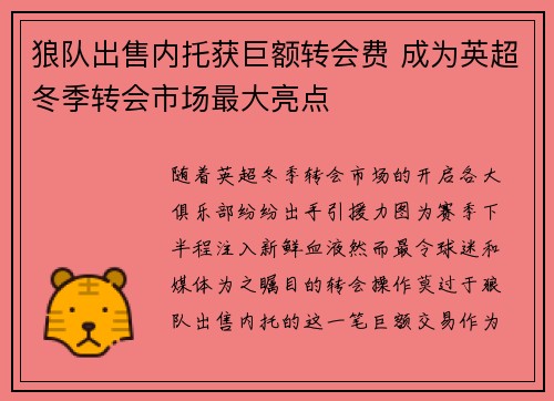 狼队出售内托获巨额转会费 成为英超冬季转会市场最大亮点 狼队出售内托获巨额转会费 成为英超冬季转会市场最大亮点