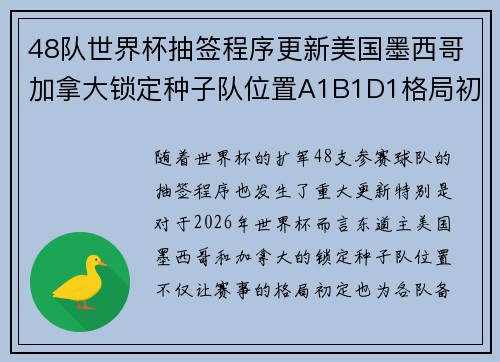 48队世界杯抽签程序更新美国墨西哥加拿大锁定种子队位置A1B1D1格局初定